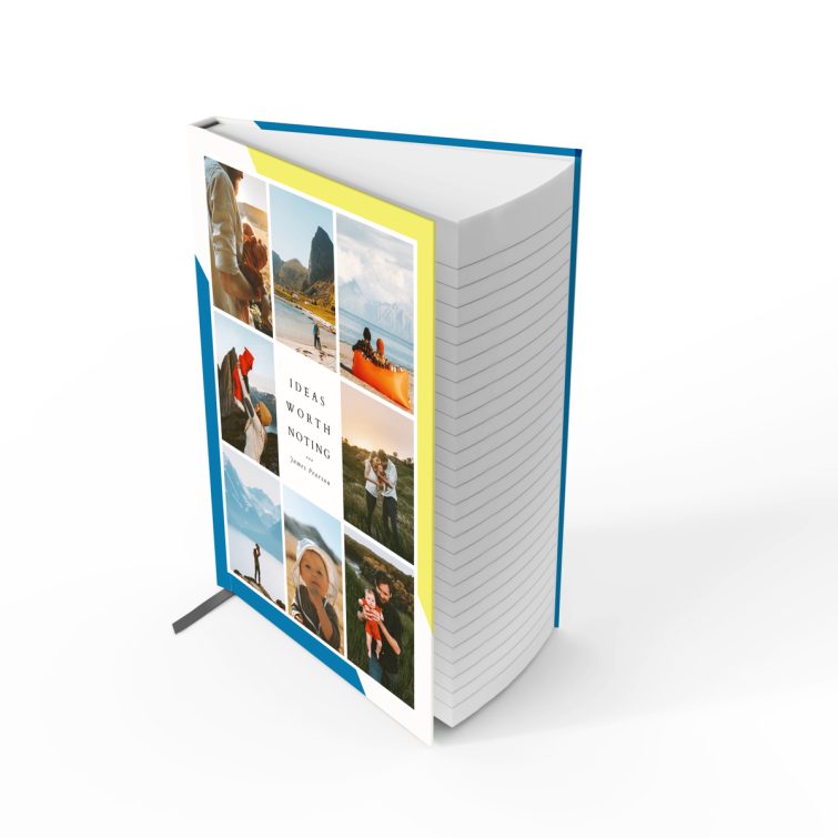 Colourful personalised notebook cover design featuring a photo collage with eight images.