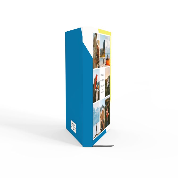 Colourful personalised notebook cover design featuring a photo collage with eight images.