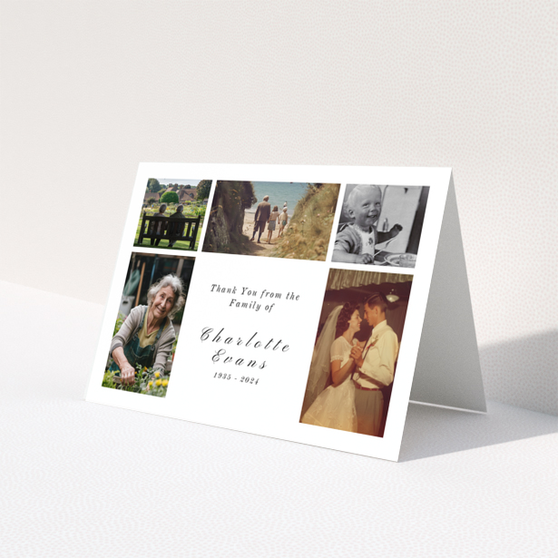 Funeral thank you card with five photos and elegant text design.