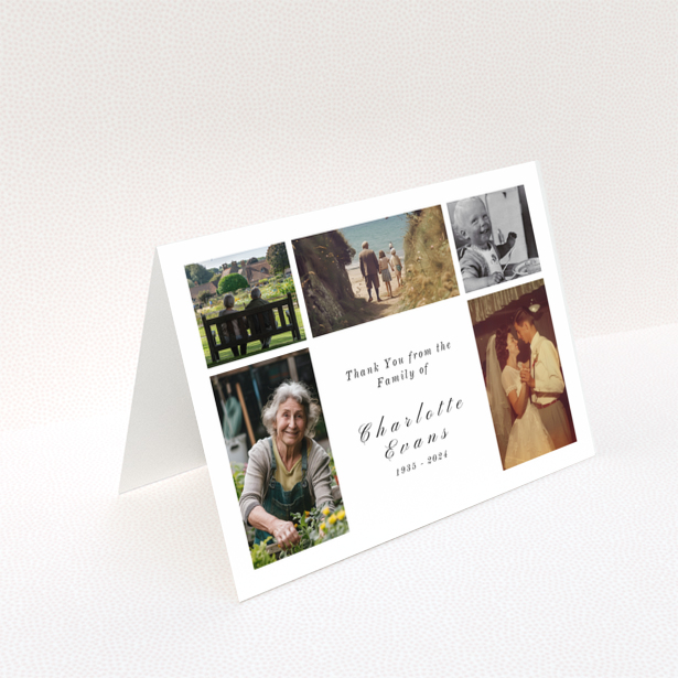 Funeral thank you card with five photos and elegant text design.