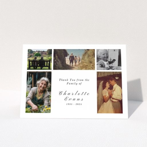 Funeral thank you card with five photos and elegant text design.