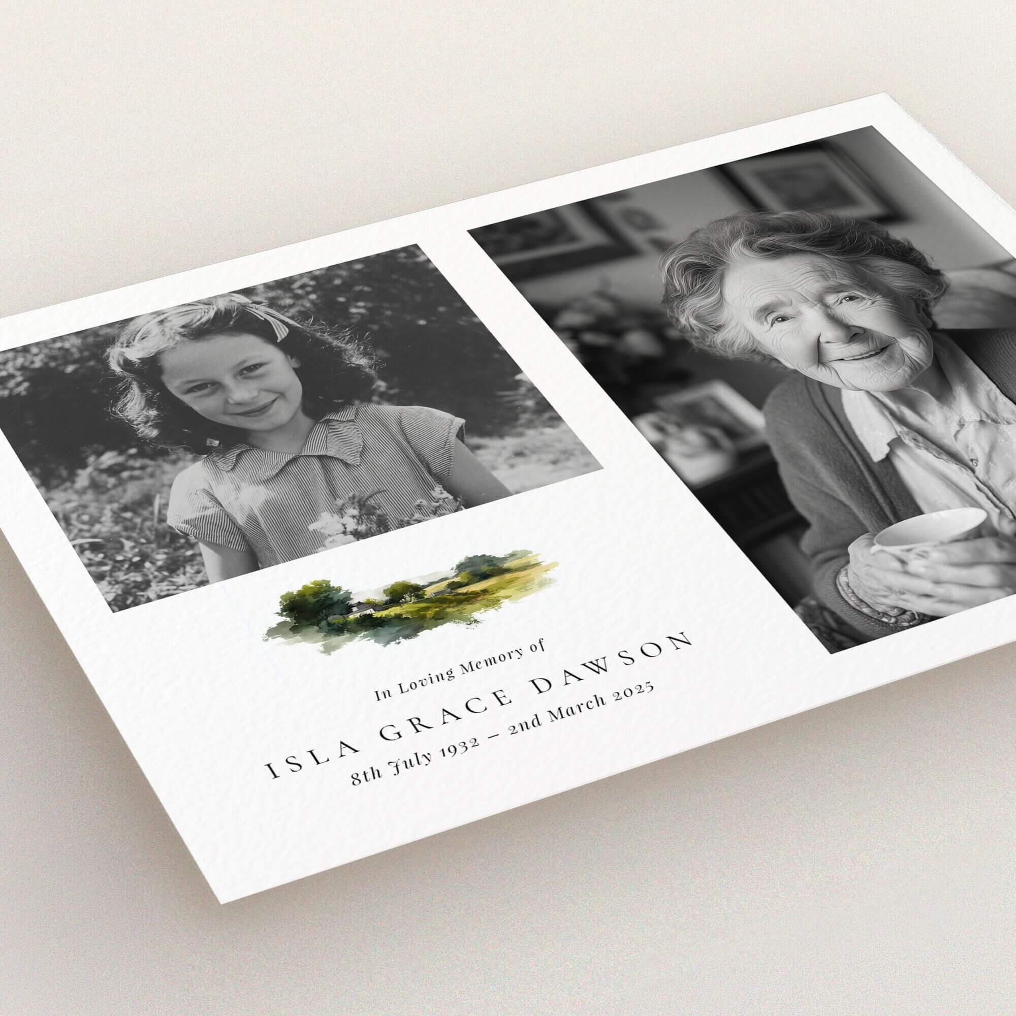 Funeral announcement design with two photos, featuring a landscape illustration and text for personalisation.