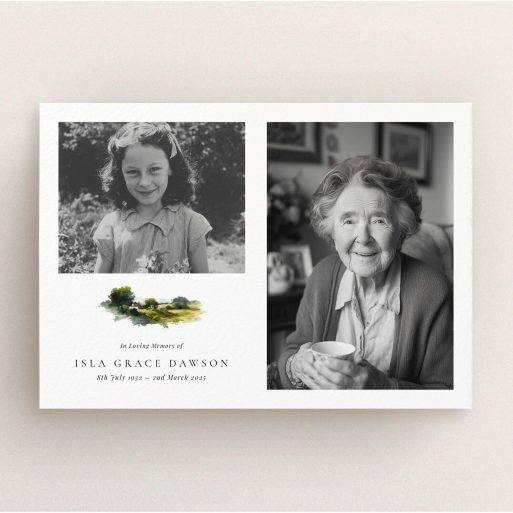 Funeral announcement design with two photos, featuring a landscape illustration and text for personalisation.
