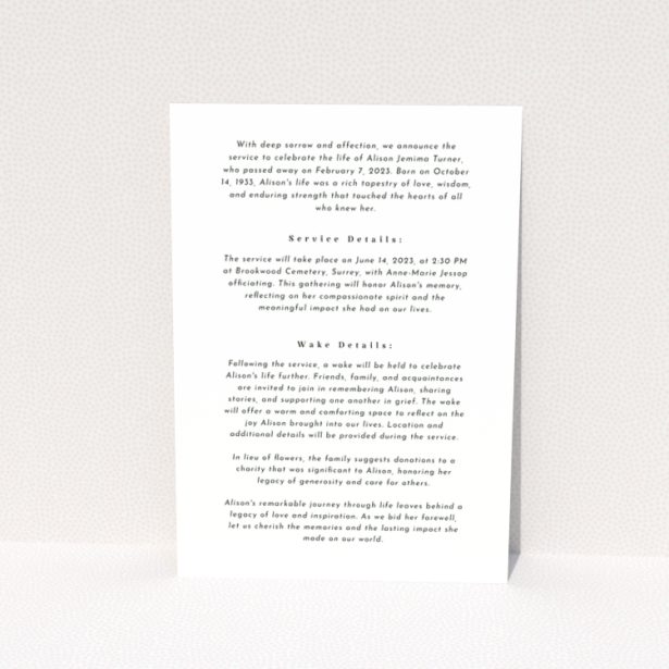 Funeral announcement reverse side design with text details and no photos – Portrait