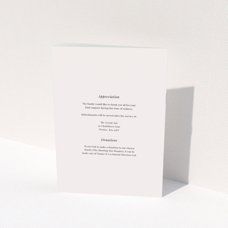 Funeral order of service program back page design with appreciation and donation information, no photos, portrait orientation