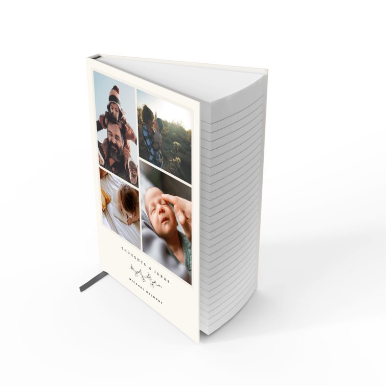 Custom notebook design by Utterly Printable featuring four photos on the front cover, perfect for personalised gifts and stationary.