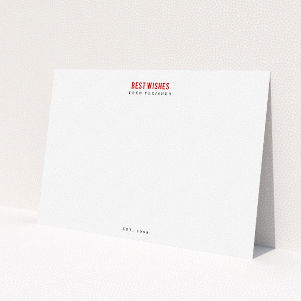 A men custom writing stationery design named "Best wishes". It is an A5 card in a landscape orientation. "Best wishes" is available as a flat card, with tones of white and red.