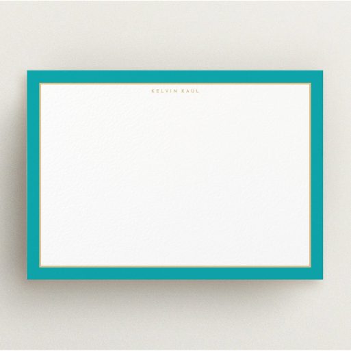 Custom Writing Stationery Design for Men - "Blue and gold border" A men custom writing stationery called "Blue and gold border". It is an A5 card in a landscape orientation. "Blue and gold border" is available as a flat card, with tones of green and white.