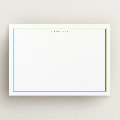 Custom Writing Stationery Design for Men - "Blue and gold border" A men custom writing stationery design named "Blue and gold border". It is an A5 card in a landscape orientation. "Blue and gold border" is available as a flat card, with mainly white colouring.