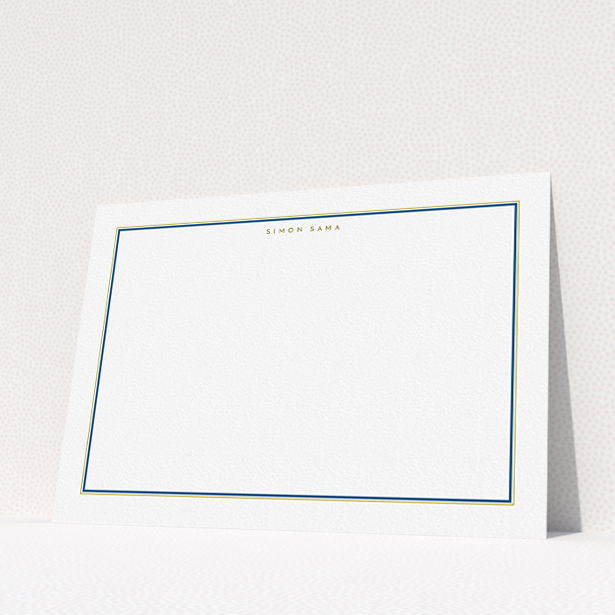 A men custom writing stationery design named "Blue and gold border". It is an A5 card in a landscape orientation. "Blue and gold border" is available as a flat card, with mainly white colouring.