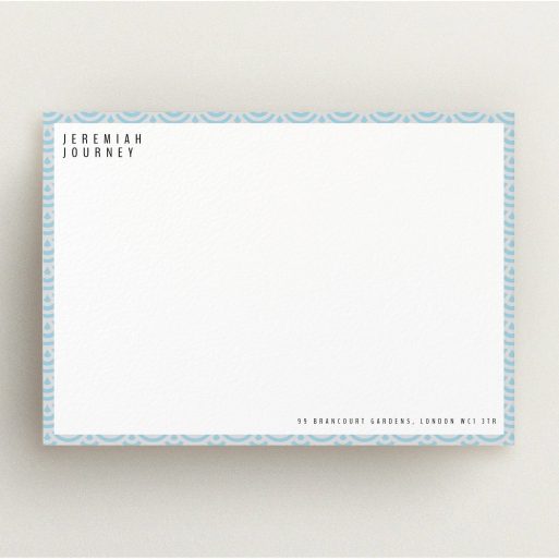 Custom Writing Stationery Design for Men - "Blue Fan Patterns" A men custom writing stationery design named "Blue Fan Patterns". It is an A5 card in a landscape orientation. "Blue Fan Patterns" is available as a flat card, with tones of blue and grey.