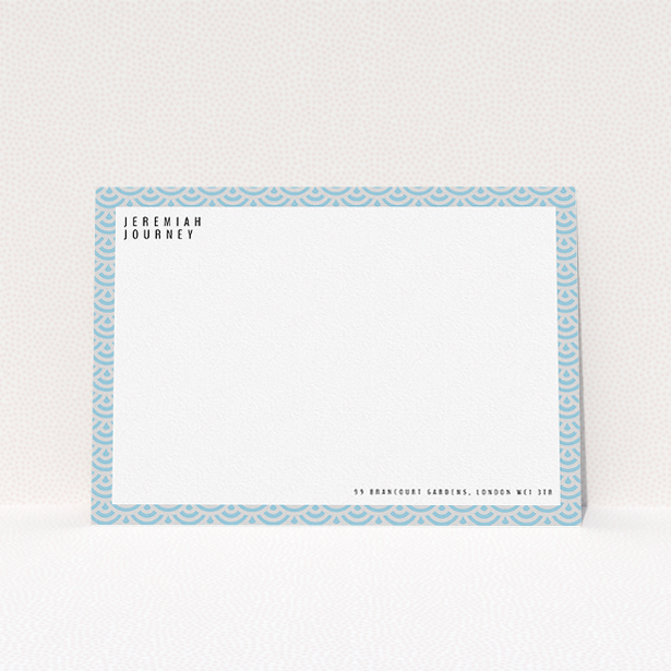 A men custom writing stationery design named "Blue Fan Patterns". It is an A5 card in a landscape orientation. "Blue Fan Patterns" is available as a flat card, with tones of blue and grey.