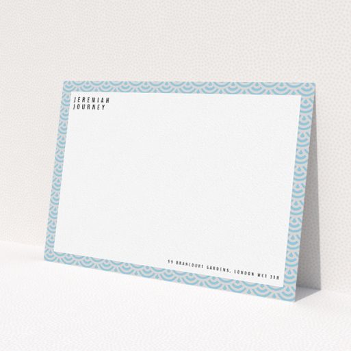 A men custom writing stationery design named 'Blue Fan Patterns'. It is an A5 card in a landscape orientation. 'Blue Fan Patterns' is available as a flat card, with tones of blue and grey.