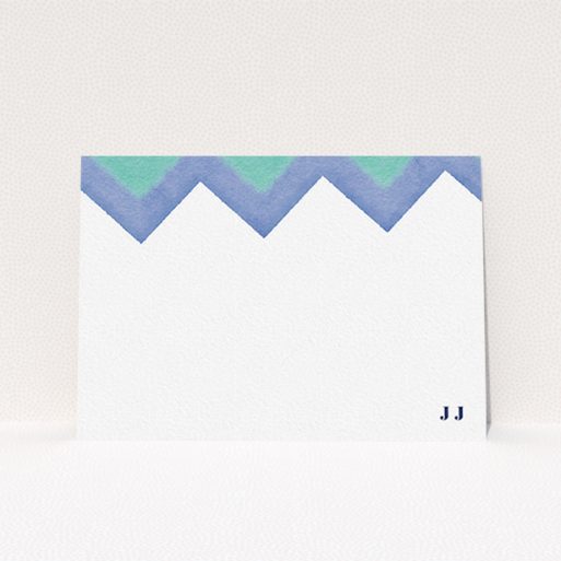 A men custom writing stationery design titled "Colour Peaks". It is an A6 card in a landscape orientation. "Colour Peaks" is available as a flat card, with tones of blue, green and navy blue.