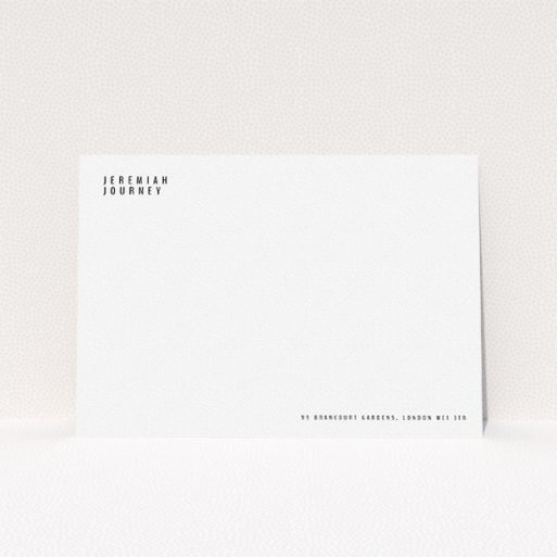A men custom writing stationery design titled "Corner to corner". It is an A5 card in a landscape orientation. "Corner to corner" is available as a flat card, with mainly white colouring.