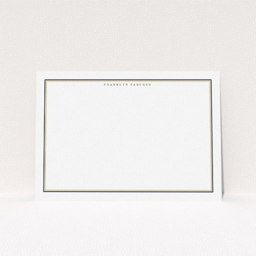 A men custom writing stationery template titled "Decapoda". It is an A5 card in a landscape orientation. "Decapoda" is available as a flat card, with tones of gold and white.