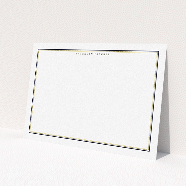 A men custom writing stationery template titled 'Decapoda'. It is an A5 card in a landscape orientation. 'Decapoda' is available as a flat card, with tones of gold and white.