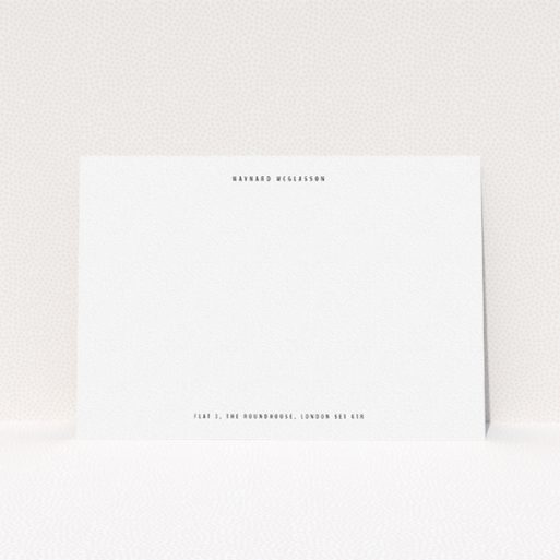 A men custom writing stationery design titled "Front and centre". It is an A5 card in a landscape orientation. "Front and centre" is available as a flat card, with mainly white colouring.