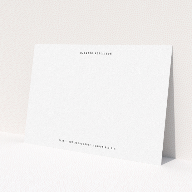 A men custom writing stationery design titled 'Front and centre'. It is an A5 card in a landscape orientation. 'Front and centre' is available as a flat card, with mainly white colouring.