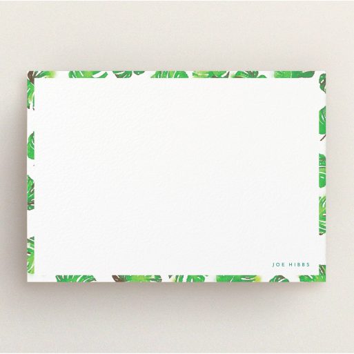 Custom Writing Stationery Design for Men - "Jungle Sky" A men custom writing stationery named "Jungle Sky". It is an A5 card in a landscape orientation. "Jungle Sky" is available as a flat card, with tones of green and white.