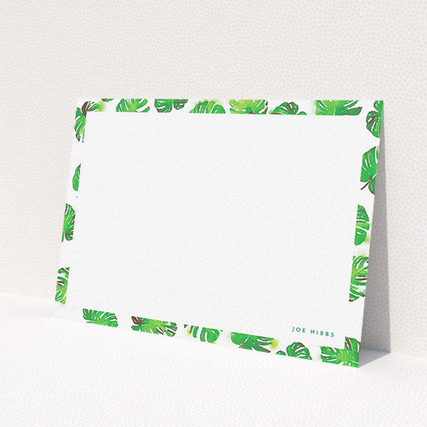 A men custom writing stationery named "Jungle Sky". It is an A5 card in a landscape orientation. "Jungle Sky" is available as a flat card, with tones of green and white.