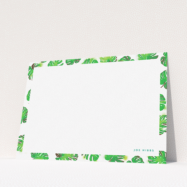 A men custom writing stationery named "Jungle Sky". It is an A5 card in a landscape orientation. "Jungle Sky" is available as a flat card, with tones of green and white.