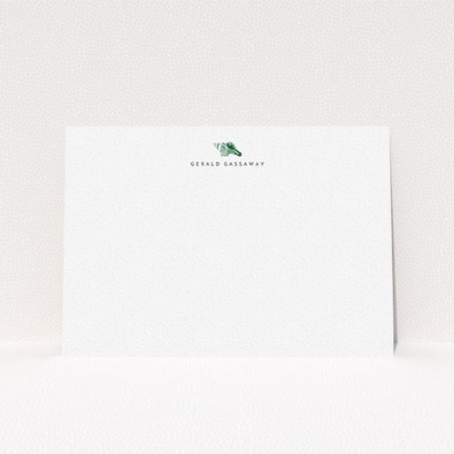 A men custom writing stationery design titled "On the shore". It is an A6 card in a landscape orientation. "On the shore" is available as a flat card, with tones of white and green.