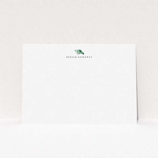 A men custom writing stationery design titled "On the shore". It is an A6 card in a landscape orientation. "On the shore" is available as a flat card, with tones of white and green.