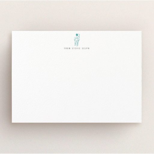 Custom Writing Stationery Design for Men - "One small step" A men custom writing stationery design called "One small step". It is an A5 card in a landscape orientation. "One small step" is available as a flat card, with tones of white and green.