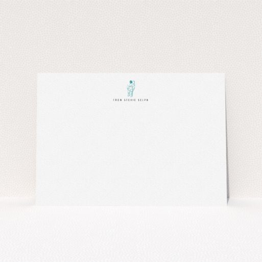 A men custom writing stationery design called "One small step". It is an A5 card in a landscape orientation. "One small step" is available as a flat card, with tones of white and green.