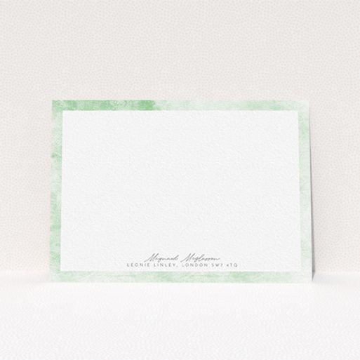 A men custom writing stationery named "Rustic Green". It is an A6 card in a landscape orientation. "Rustic Green" is available as a flat card, with tones of green and white.