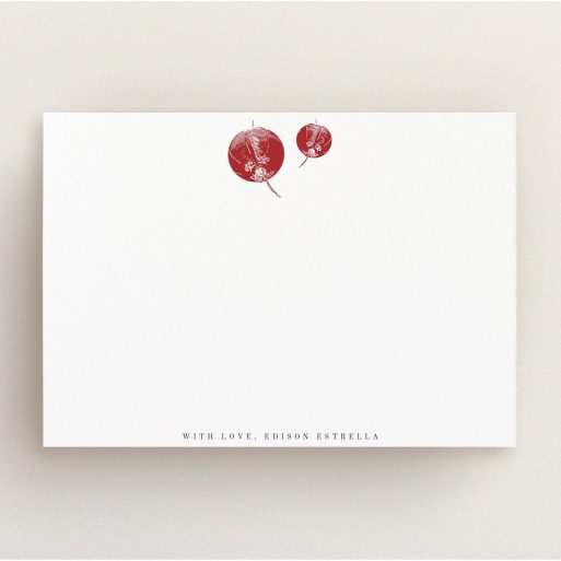 Custom Writing Stationery Design for Men - "Shanghai Nights" A men custom writing stationery design called "Shanghai Nights". It is an A5 card in a landscape orientation. "Shanghai Nights" is available as a flat card, with tones of white and red.