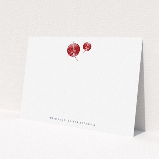 A men custom writing stationery design called 'Shanghai Nights'. It is an A5 card in a landscape orientation. 'Shanghai Nights' is available as a flat card, with tones of white and red.