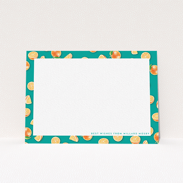 A men custom writing stationery design titled "Summer oranges". It is an A6 card in a landscape orientation. "Summer oranges" is available as a flat card, with tones of orange and blue.