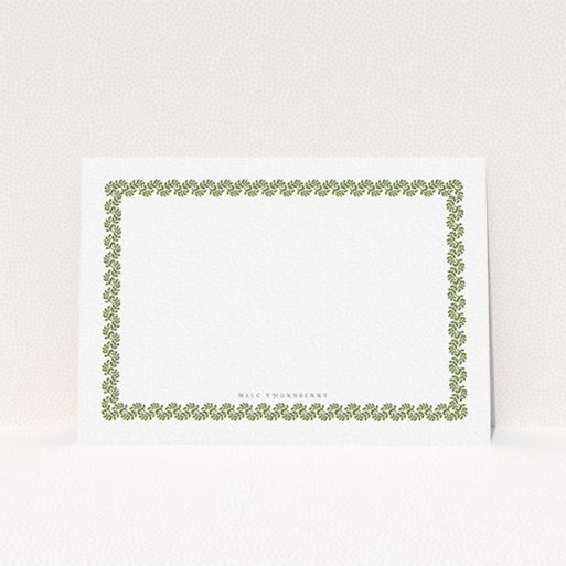 A men custom writing stationery design called "Surrounded by the garden". It is an A6 card in a landscape orientation. "Surrounded by the garden" is available as a flat card, with mainly forest green colouring.