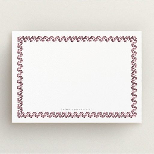 Custom Writing Stationery Design for Men - "Surrounded by the garden maroon" A men custom writing stationery named "Surrounded by the garden maroon". It is an A5 card in a landscape orientation. "Surrounded by the garden maroon" is available as a flat card, with tones of burgundy and white.