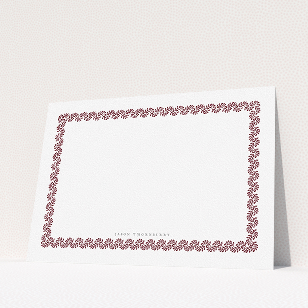 A men custom writing stationery named "Surrounded by the garden maroon". It is an A5 card in a landscape orientation. "Surrounded by the garden maroon" is available as a flat card, with tones of burgundy and white.