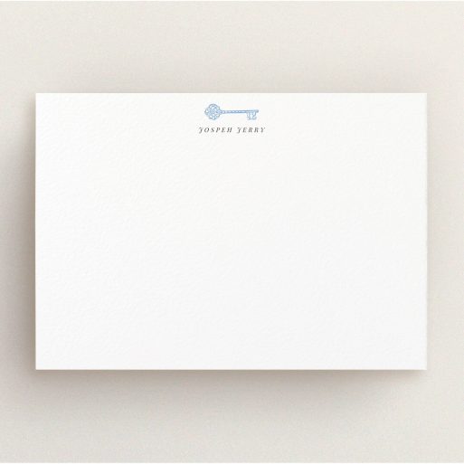 Custom Writing Stationery Design for Men - "The magic key" A men custom writing stationery called "The magic key". It is an A5 card in a landscape orientation. "The magic key" is available as a flat card, with tones of white and blue.