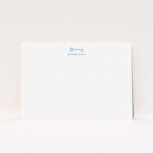 A men custom writing stationery called "The magic key". It is an A5 card in a landscape orientation. "The magic key" is available as a flat card, with tones of white and blue.