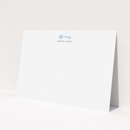 A men custom writing stationery called 'The magic key'. It is an A5 card in a landscape orientation. 'The magic key' is available as a flat card, with tones of white and blue.