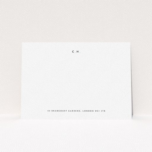 A men custom writing stationery design named "Top and bottom". It is an A6 card in a landscape orientation. "Top and bottom" is available as a flat card, with mainly white colouring.