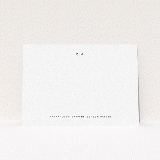 A men custom writing stationery design named "Top and bottom". It is an A6 card in a landscape orientation. "Top and bottom" is available as a flat card, with mainly white colouring.