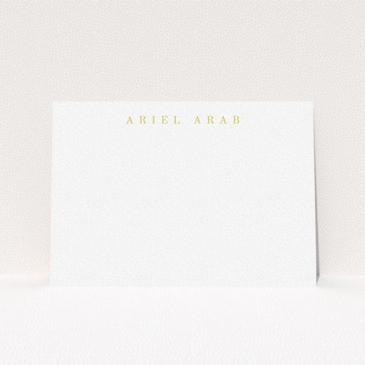 A men custom writing stationery template titled "Top the page". It is an A6 card in a landscape orientation. "Top the page" is available as a flat card, with tones of white and gold.