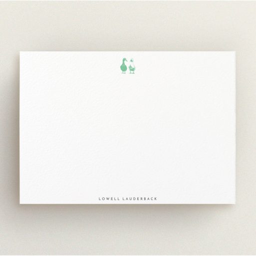 Custom Writing Stationery Design for Men - "Two little ducks" A men custom writing stationery called "Two little ducks". It is an A5 card in a landscape orientation. "Two little ducks" is available as a flat card, with tones of white and green.