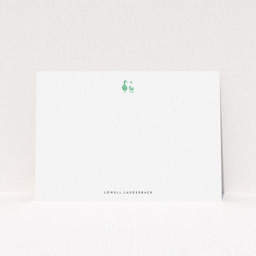 A men custom writing stationery called "Two little ducks". It is an A5 card in a landscape orientation. "Two little ducks" is available as a flat card, with tones of white and green.