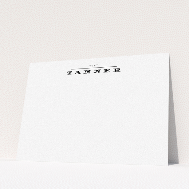 A men custom writing stationery called "Under written". It is an A5 card in a landscape orientation. "Under written" is available as a flat card, with mainly white colouring.