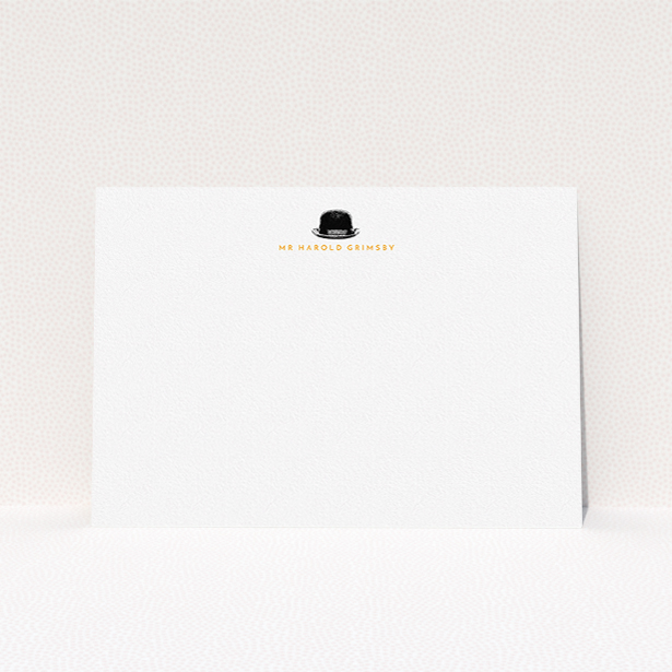 A men custom writing stationery design named "Where is my hat". It is an A5 card in a landscape orientation. "Where is my hat" is available as a flat card, with tones of white and black.