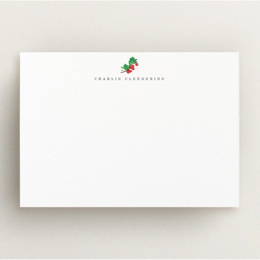 Personalised Note Card Design for Men - "A branch of berries" A men personalised note card design titled "A branch of berries". It is an A5 card in a landscape orientation. "A branch of berries" is available as a flat card, with tones of white and green.