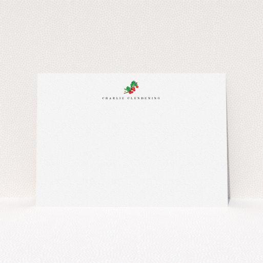 A men personalised note card design titled "A branch of berries". It is an A5 card in a landscape orientation. "A branch of berries" is available as a flat card, with tones of white and green.