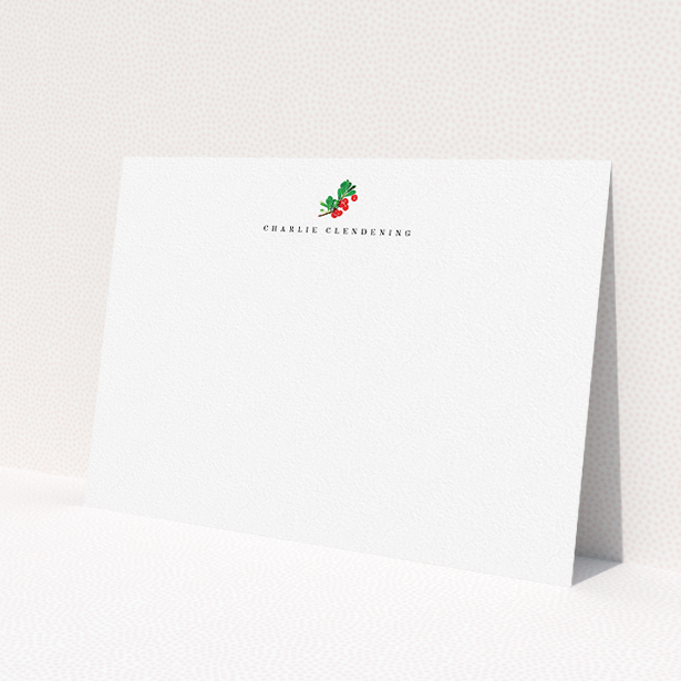 A men personalised note card design titled 'A branch of berries'. It is an A5 card in a landscape orientation. 'A branch of berries' is available as a flat card, with tones of white and green.